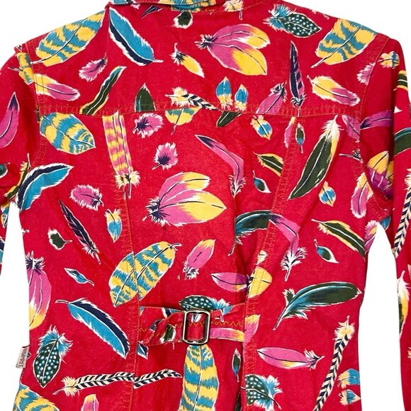 Vintage 90s ESPRIT Kids Feather Print Southwestern Shirt Dress Red Button Front‎ - Picture 6 of 7